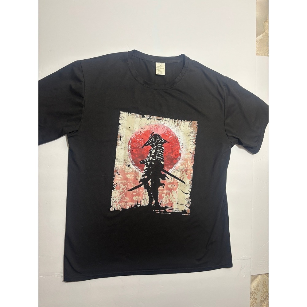 Samurai Graphic T-Shirt Mens Medium Black Polyester Short Sleeve Red Sun Japan
